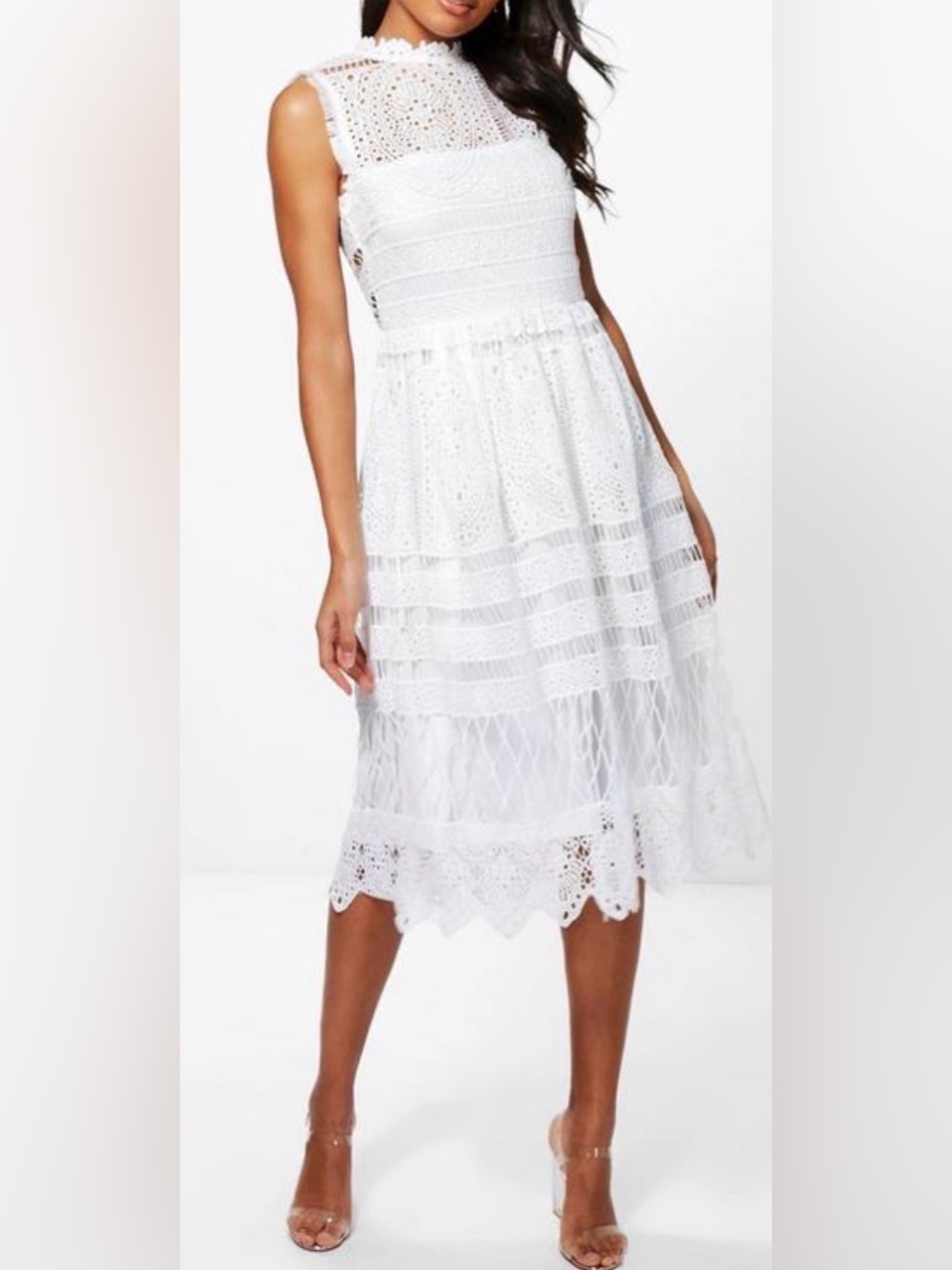 Boohoo Boutique Paula White Lace Midi Dress with High Neck (Size US14)